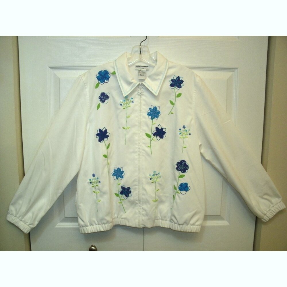 Alfred Dunner Light Weight Jacket, White w/Blue Flower Decoration, 12 Petite